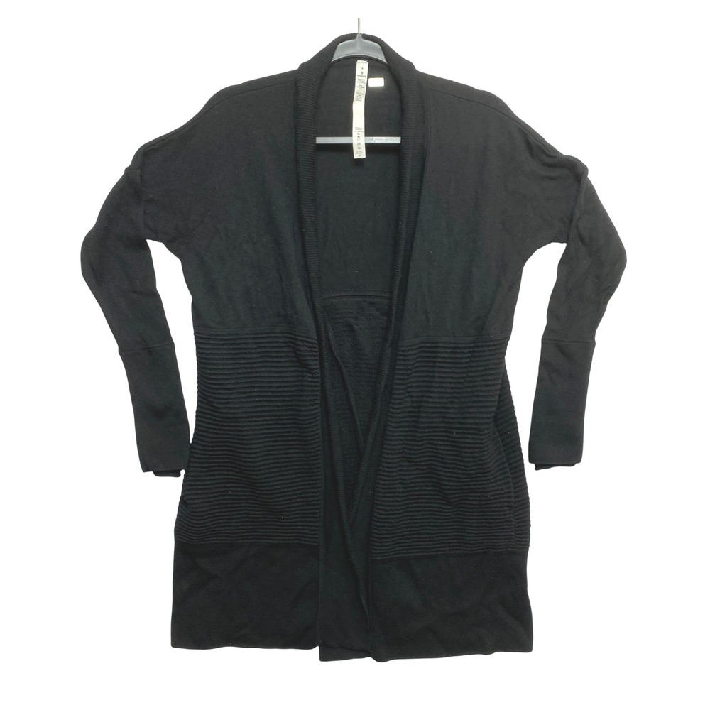 Lululemon Lotus Wrap II Cardigan Womens 4 Black Merino Wool Ribbed Open Front